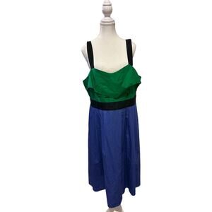 eShakti | 100% Cotton Blue/Green Color Block Fit & Flare Dress | XL 18
